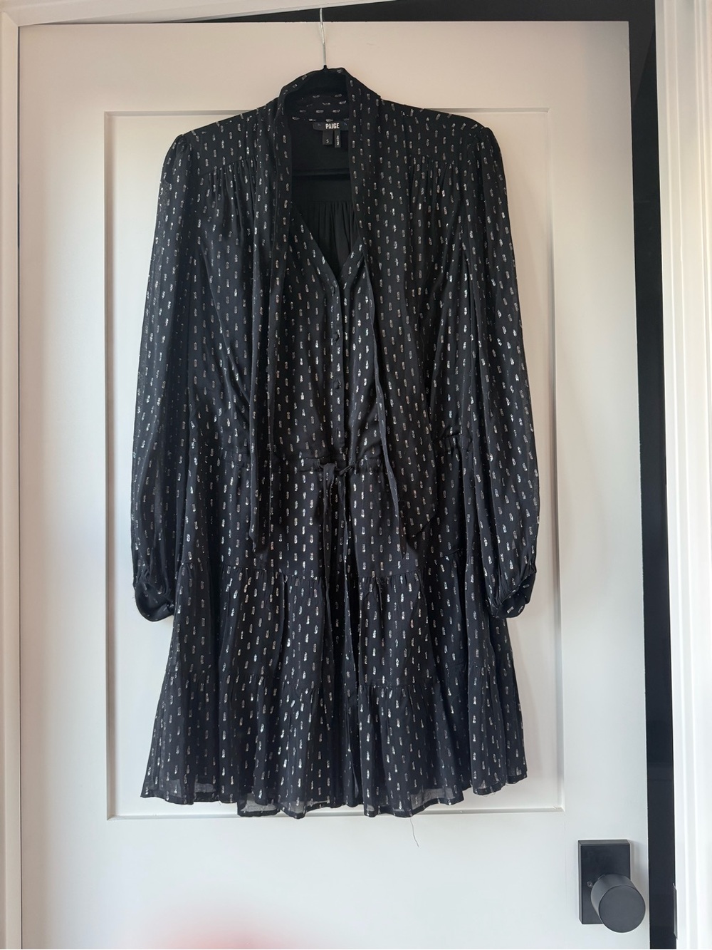 PAIGE Black & Silver Metallic Tie Neck Tiered Mini Dress – Size S